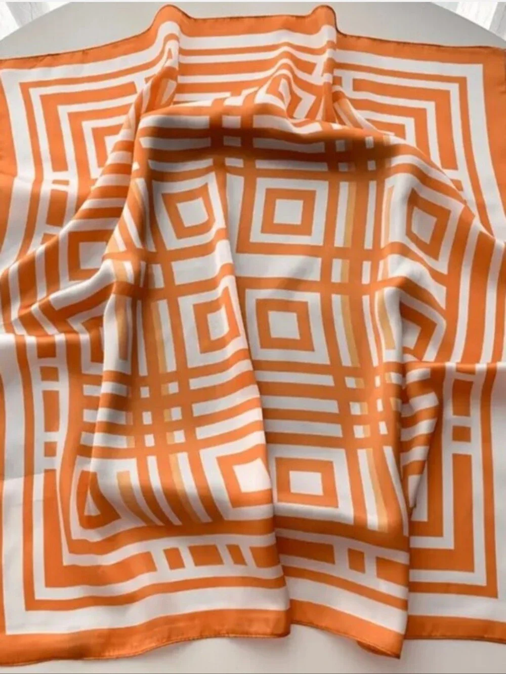 Silk-feel Geometric Orange and White Square Print Scarf Head & Neck Scarf